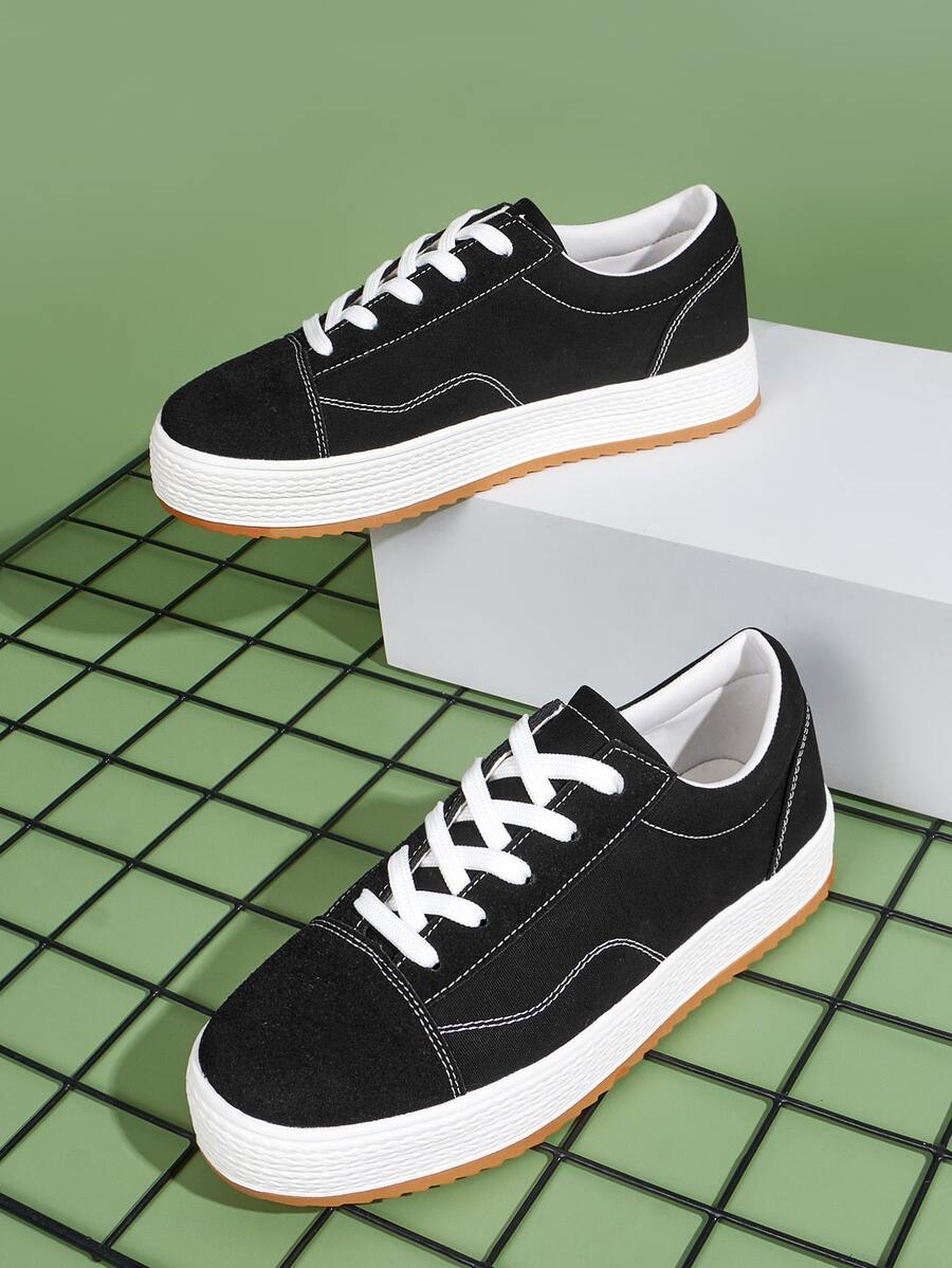 Stitch Detail Lace-up Front Canvas Shoes - Black - View 1