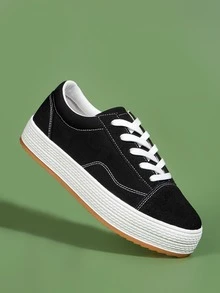 Stitch Detail Lace-up Front Canvas Shoes - Black - View 2