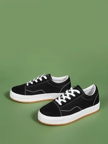 Stitch Detail Lace-up Front Canvas Shoes - Black - View 3