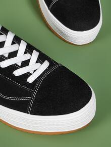 Stitch Detail Lace-up Front Canvas Shoes - Black - View 4