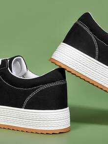 Stitch Detail Lace-up Front Canvas Shoes - Black - View 5