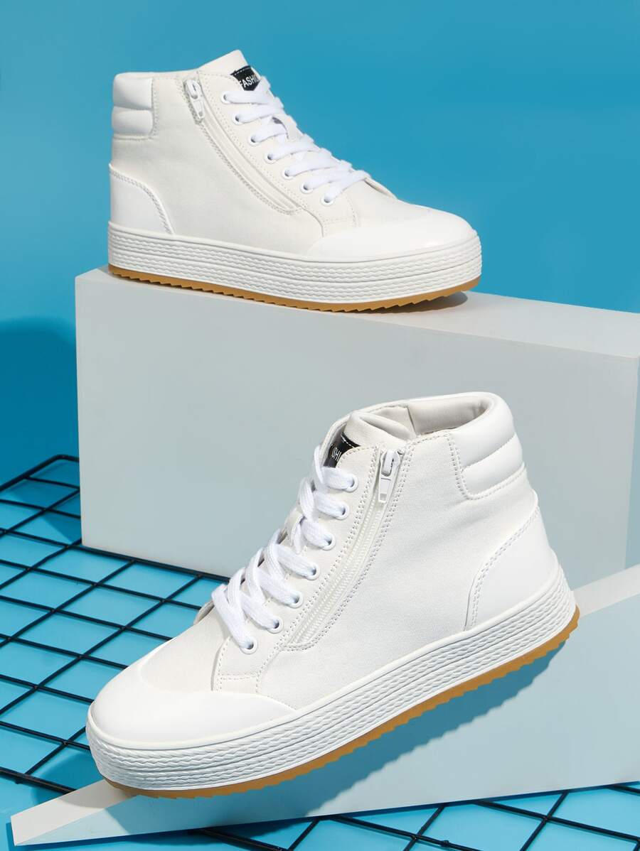 Side Zip Letter Patch Decor Lace-up Front Canvas Shoes - White - View 1