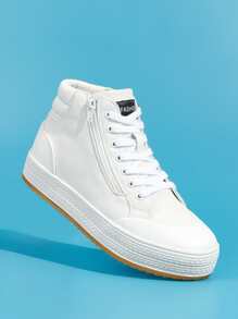 Side Zip Letter Patch Decor Lace-up Front Canvas Shoes - White - View 2