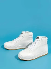 Side Zip Letter Patch Decor Lace-up Front Canvas Shoes - White - View 3