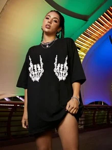 SHEIN Unity Skeleton Hand Print Oversized Tee Graphic Tees Women Tops - Black - View 3