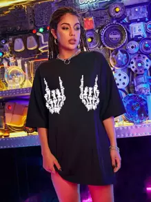 SHEIN Unity Skeleton Hand Print Oversized Tee Graphic Tees Women Tops - Black - View 5