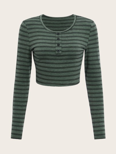 ROMWE STPL Striped Button Crop Tee