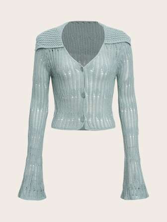 Pointelle Knit Flounce Sleeve Cardigan