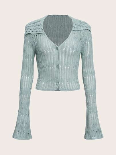 Pointelle Knit Flounce Sleeve Cardigan