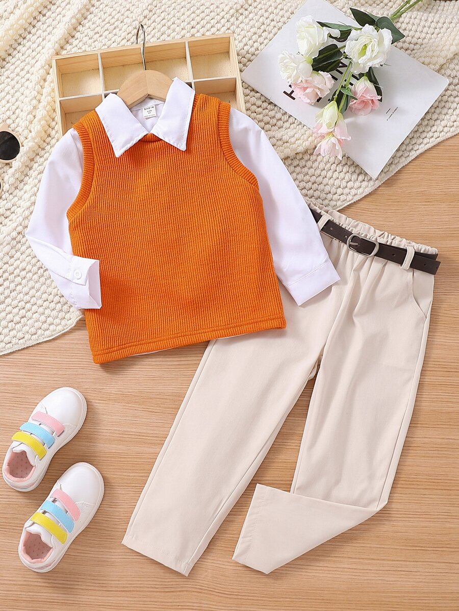 小女童背心上衣和襯衫和腰帶長褲