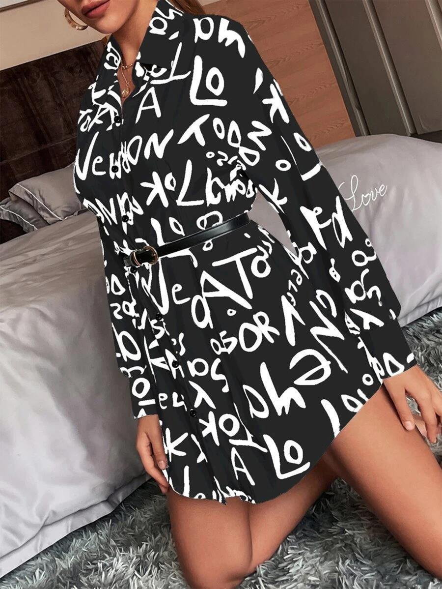 SHEIN Essnce Allover Letter Print Long Shirt Without Belt - Black - View 1