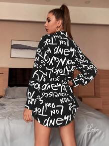 SHEIN Essnce Allover Letter Print Long Shirt Without Belt - Black - View 2