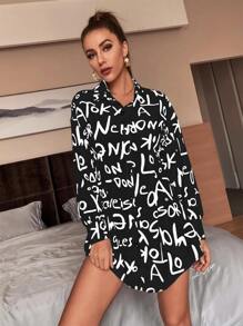 SHEIN Essnce Allover Letter Print Long Shirt Without Belt - Black - View 4