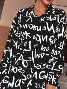 SHEIN Essnce Allover Letter Print Long Shirt Without Belt - Black - View 5