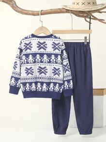 小男童圖案印花夾克和褲子 - 藍白色 - 查看 2