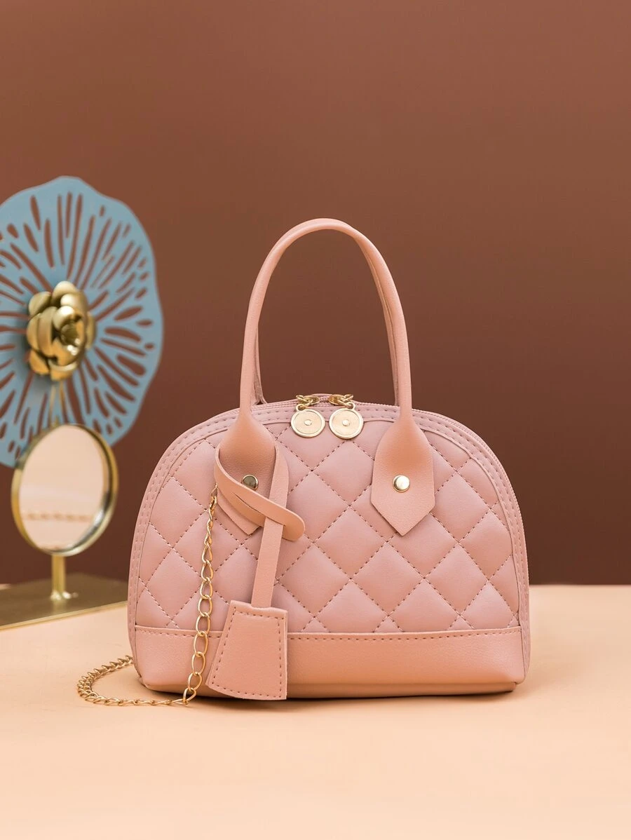 迷你幾何格紋衍縫雙把手貝殼包 - 粉色 - 查看 1