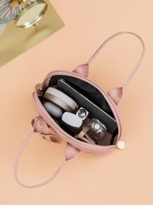 迷你幾何格紋衍縫雙把手貝殼包 - 粉色 - 查看 3