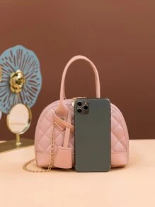 迷你幾何格紋衍縫雙把手貝殼包 - 粉色 - 查看 4