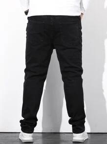Manfinity Homme Jeans rectos de pierna estrecha con rotos y algodón plus para hombres, ajuste slim, jean largo con flecos, liso negro, para trabajo casual, salir, pasear, ir al trabajo, vacaciones, calle, estilo grunge - Negro - Ver 3