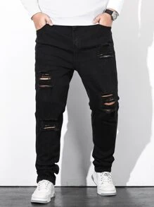 Manfinity Homme Jeans rectos de pierna estrecha con rotos y algodón plus para hombres, ajuste slim, jean largo con flecos, liso negro, para trabajo casual, salir, pasear, ir al trabajo, vacaciones, calle, estilo grunge - Negro - Ver 4