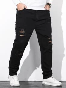 Manfinity Homme Jeans rectos de pierna estrecha con rotos y algodón plus para hombres, ajuste slim, jean largo con flecos, liso negro, para trabajo casual, salir, pasear, ir al trabajo, vacaciones, calle, estilo grunge - Negro - Ver 7