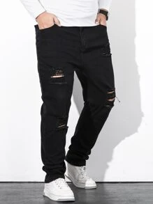 Manfinity Homme Jeans rectos de pierna estrecha con rotos y algodón plus para hombres, ajuste slim, jean largo con flecos, liso negro, para trabajo casual, salir, pasear, ir al trabajo, vacaciones, calle, estilo grunge - Negro - Ver 8