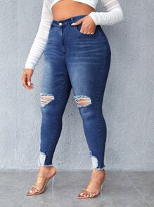 SHEIN SXY Jeans ajustados de talle alto desgarro ribete crudo sin cadena - Azul lavado oscuro - Ver 3