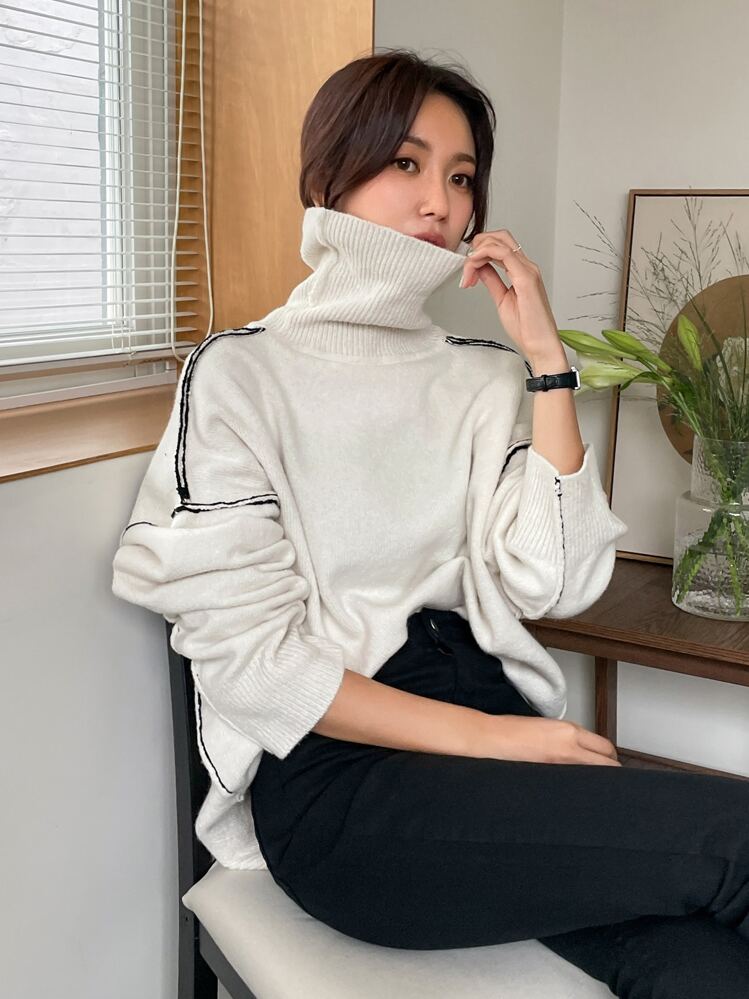 DAZY Turtleneck Drop Shoulder Sweater Fall,Winter - Beige - View 1
