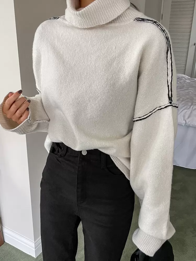 DAZY Turtleneck Drop Shoulder Sweater Fall,Winter - Beige - View 4