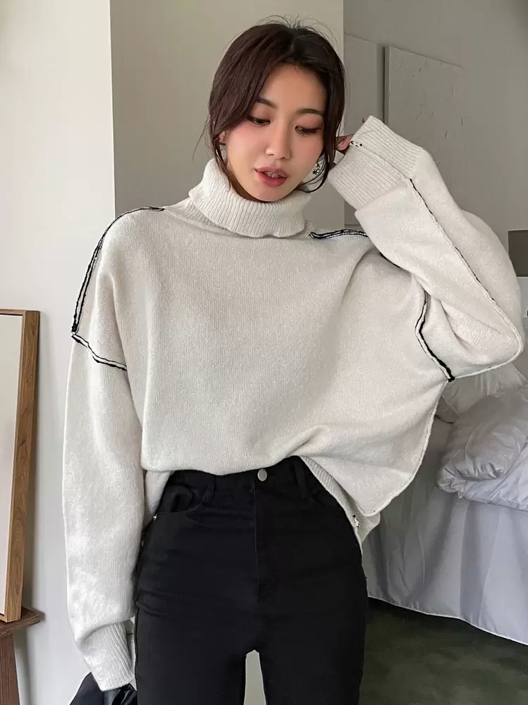 DAZY Turtleneck Drop Shoulder Sweater Fall,Winter - Beige - View 5