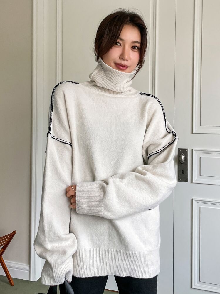 DAZY Turtleneck Drop Shoulder Sweater Fall,Winter - Beige - View 7