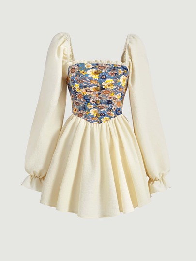 فستان طباعة الأزهار اكمام منتفضة