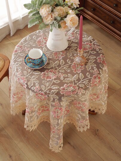 1 pieza Mantel 100% poliéster bordado con delicado ribete de encaje, cuadrado o rectangular, para bodas y fiestas