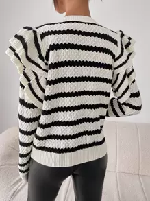 Chiquease Striped Pattern Ruffle Trim Sweater Knit Pullover Fall Winter - Black and White - View 2