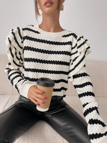 Chiquease Striped Pattern Ruffle Trim Sweater Knit Pullover Fall Winter - Black and White - View 4
