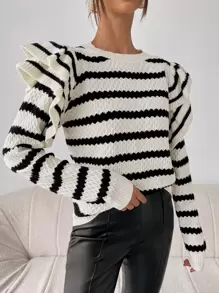 Chiquease Striped Pattern Ruffle Trim Sweater Knit Pullover Fall Winter - Black and White - View 5