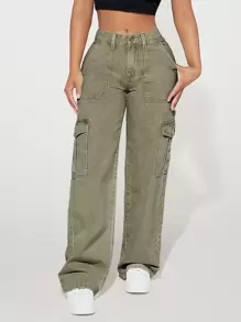 SHEIN PETITE Flap Pocket Side Cargo Jeans - Army Green - View 1