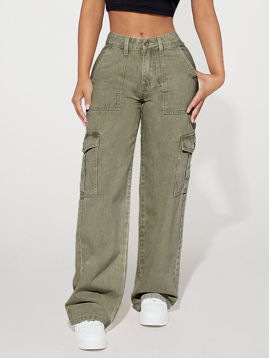 SHEIN PETITE Flap Pocket Side Cargo Jeans - Army Green - View 1