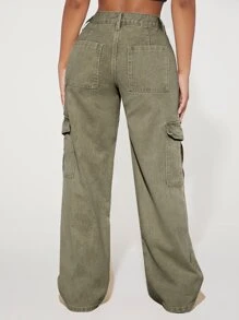 SHEIN PETITE Flap Pocket Side Cargo Jeans - Army Green - View 2
