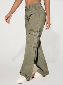 SHEIN PETITE Flap Pocket Side Cargo Jeans - Army Green - View 3