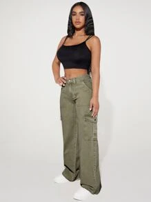 SHEIN PETITE Flap Pocket Side Cargo Jeans - Army Green - View 4