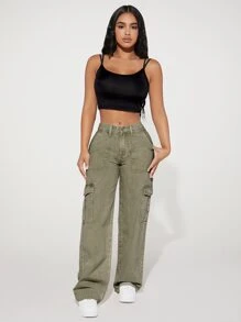 SHEIN PETITE Flap Pocket Side Cargo Jeans - Army Green - View 5