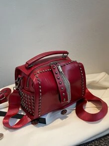 復古流蘇和鉚釘裝飾水桶手提包，女士時尚朋克風格斜挎波士頓包，女士鏈條單肩包，Y2k 風格婚禮派對新穎包，設計師斜挎包 - 酒紅色 - 查看 1