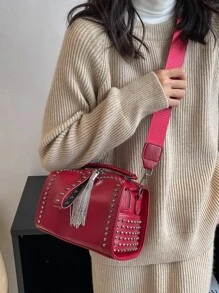 復古流蘇和鉚釘裝飾水桶手提包，女士時尚朋克風格斜挎波士頓包，女士鏈條單肩包，Y2k 風格婚禮派對新穎包，設計師斜挎包 - 酒紅色 - 查看 3