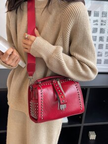 復古流蘇和鉚釘裝飾水桶手提包，女士時尚朋克風格斜挎波士頓包，女士鏈條單肩包，Y2k 風格婚禮派對新穎包，設計師斜挎包 - 酒紅色 - 查看 2