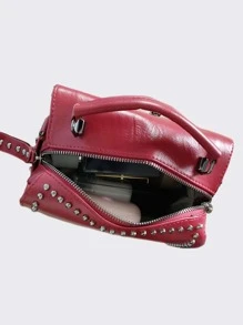 復古流蘇和鉚釘裝飾水桶手提包，女士時尚朋克風格斜挎波士頓包，女士鏈條單肩包，Y2k 風格婚禮派對新穎包，設計師斜挎包 - 酒紅色 - 查看 5