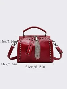 復古流蘇和鉚釘裝飾水桶手提包，女士時尚朋克風格斜挎波士頓包，女士鏈條單肩包，Y2k 風格婚禮派對新穎包，設計師斜挎包 - 酒紅色 - 查看 6