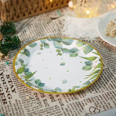 10 件/套一次性餐盘、7/9 英寸鼠尾草绿叶纸盘派对纸盘、绿叶新娘送礼会盘子、桉树婴儿送礼会装饰和鼠尾草绿生日装饰一次性纸盘