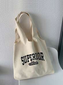 字母图案购物袋单肩包、托特包简约、休闲轻便、便携、大容量 适合女孩、女士、大学生户外、旅行、郊游、返校、购物、度假 学校包、大容量、经典休闲、可折叠、便携、适合少女、女大学生、非常适合返校、购物、初中、高中、大学 - 米色 - 查看 1