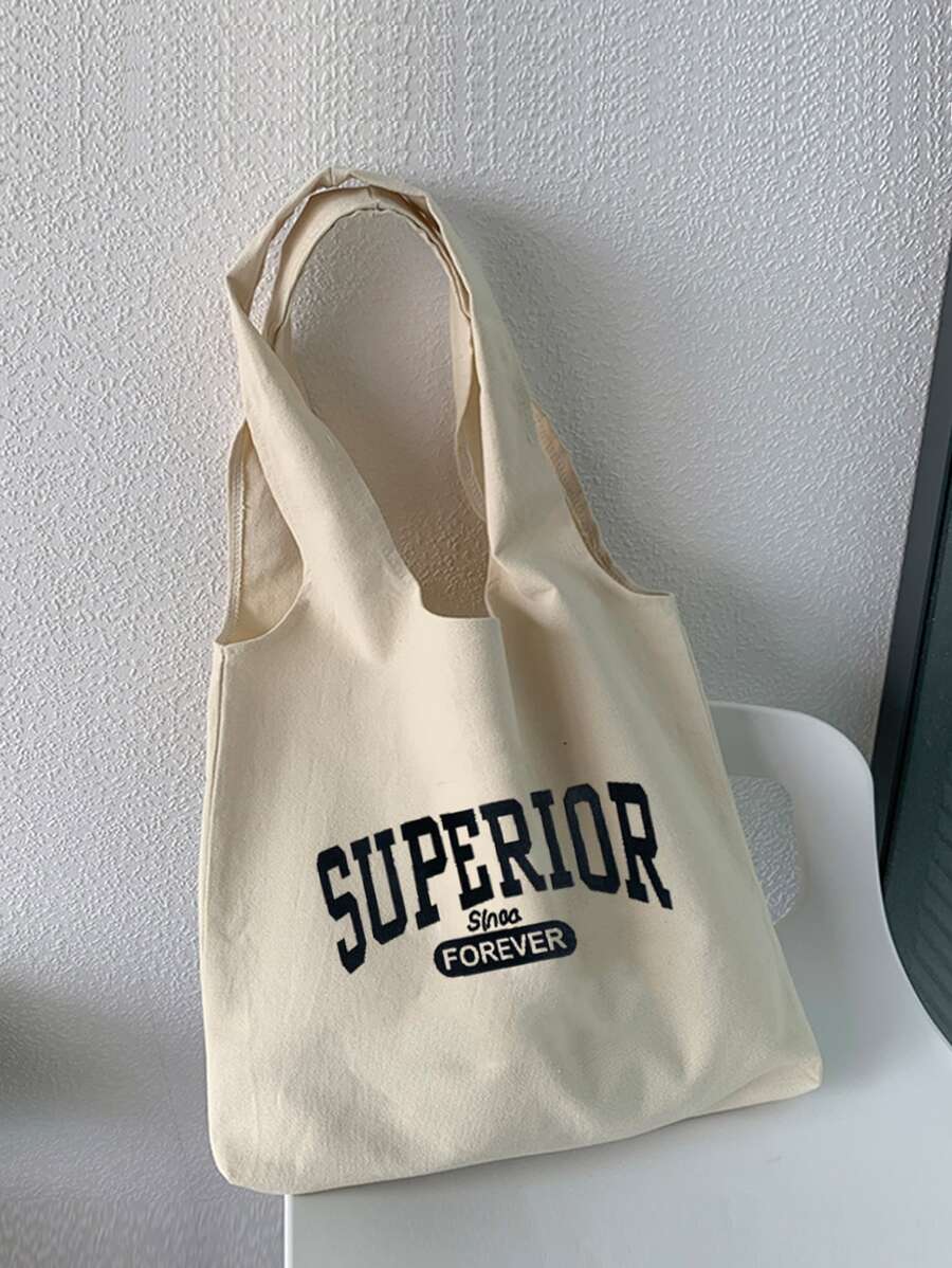 字母图案购物袋单肩包、托特包简约、休闲轻便、便携、大容量 适合女孩、女士、大学生户外、旅行、郊游、返校、购物、度假 学校包、大容量、经典休闲、可折叠、便携、适合少女、女大学生、非常适合返校、购物、初中、高中、大学 - 米色 - 查看 1